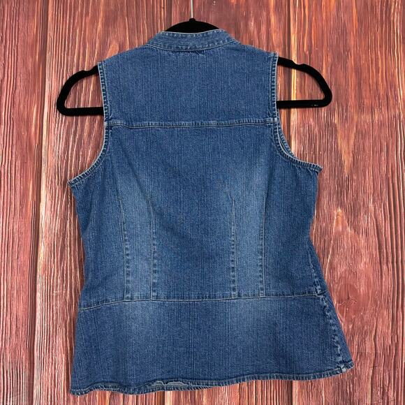 Vintage Harolds Blue Button Up Denim Top Sleeveless Cotton Blend Womens Size 4 - Picture 2 of 6